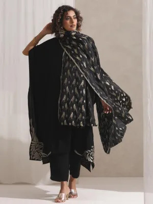 2 Pc SET - Black Korean Embroidered Kaftan and Pyjama