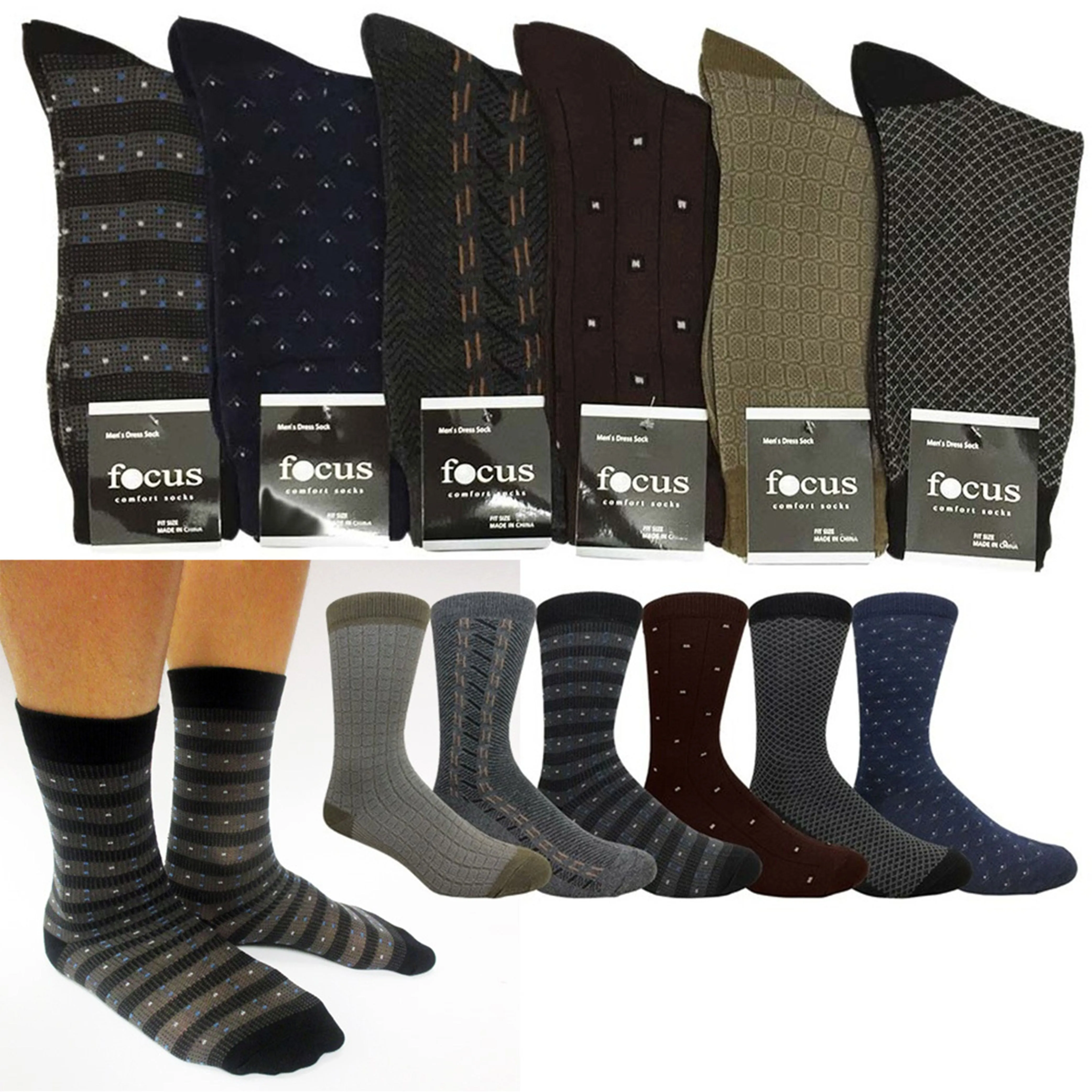 6 Pairs Men's Dress Socks Crew Multi Color Print Casual Fashion Work Size 10-13