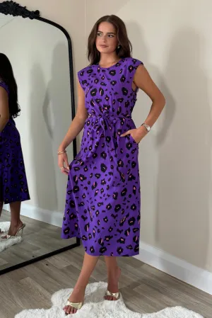 Amay Purple Leopard Padded Shoulder Midi Dress