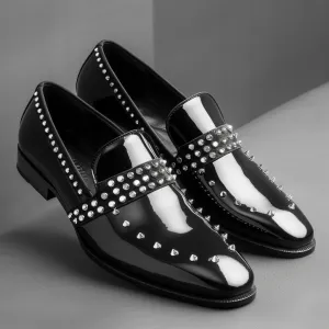Black Patent Leather Spike Glimra Slip On Studded Loafers - SS23