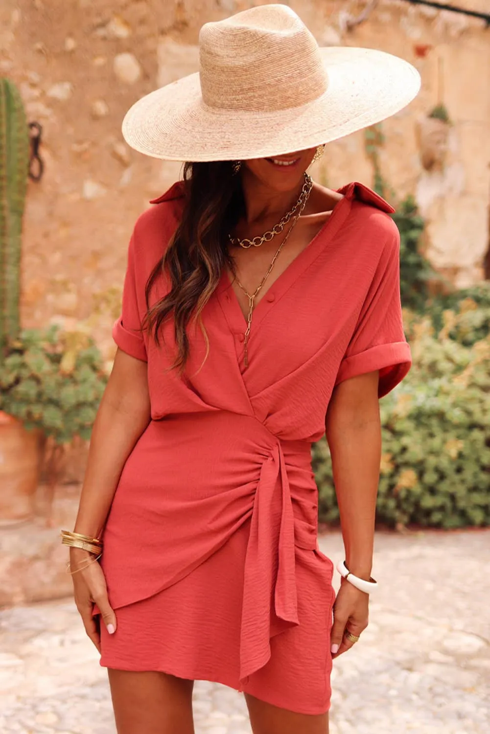 Collared Buttoned  Pleated Wrapped Mini Dress: Tomato Red / 100%Polyester