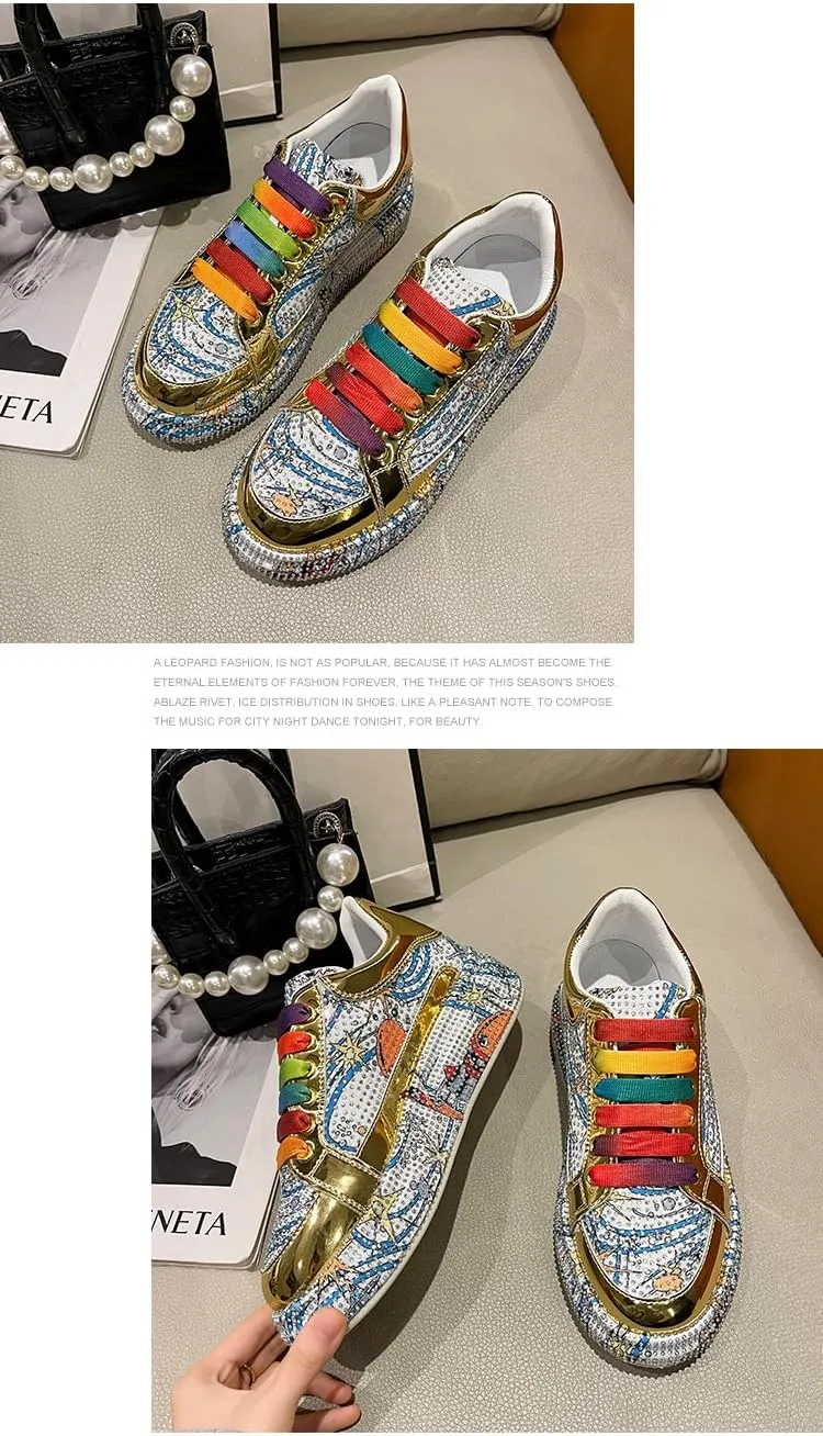 Cute Glitter Shoes with Rhinestone Charms Chunky Platform Breathable Low-Top Sneakers for Women Girls Y2K Kawaii Pretty Pastel Bling Bling Casual Shoes for Streetwear, Travel, Sports, Back to School