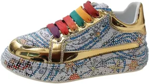 Cute Glitter Shoes with Rhinestone Charms Chunky Platform Breathable Low-Top Sneakers for Women Girls Y2K Kawaii Pretty Pastel Bling Bling Casual Shoes for Streetwear, Travel, Sports, Back to School