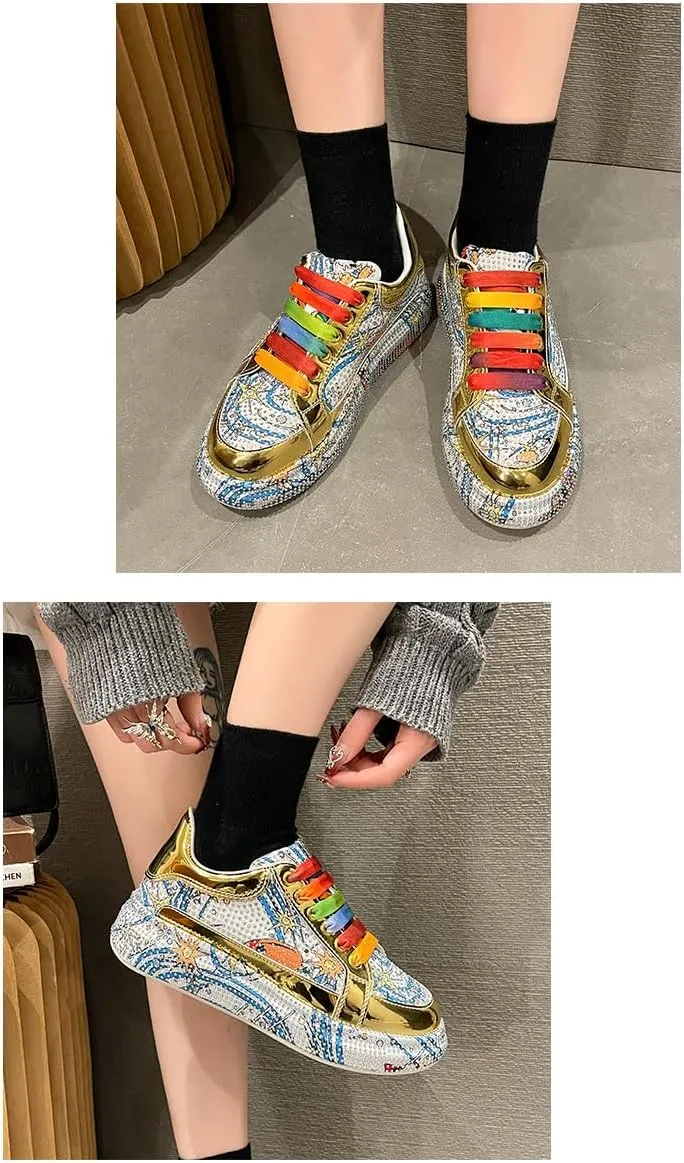 Cute Glitter Shoes with Rhinestone Charms Chunky Platform Breathable Low-Top Sneakers for Women Girls Y2K Kawaii Pretty Pastel Bling Bling Casual Shoes for Streetwear, Travel, Sports, Back to School