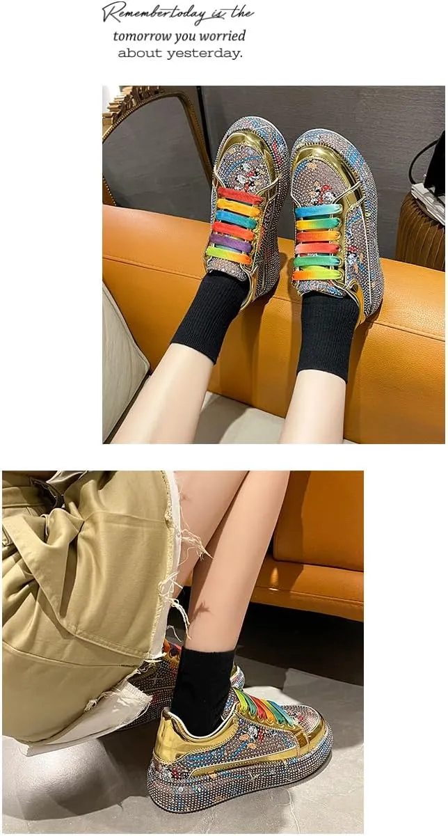 Cute Glitter Shoes with Rhinestone Charms Chunky Platform Breathable Low-Top Sneakers for Women Girls Y2K Kawaii Pretty Pastel Bling Bling Casual Shoes for Streetwear, Travel, Sports, Back to School