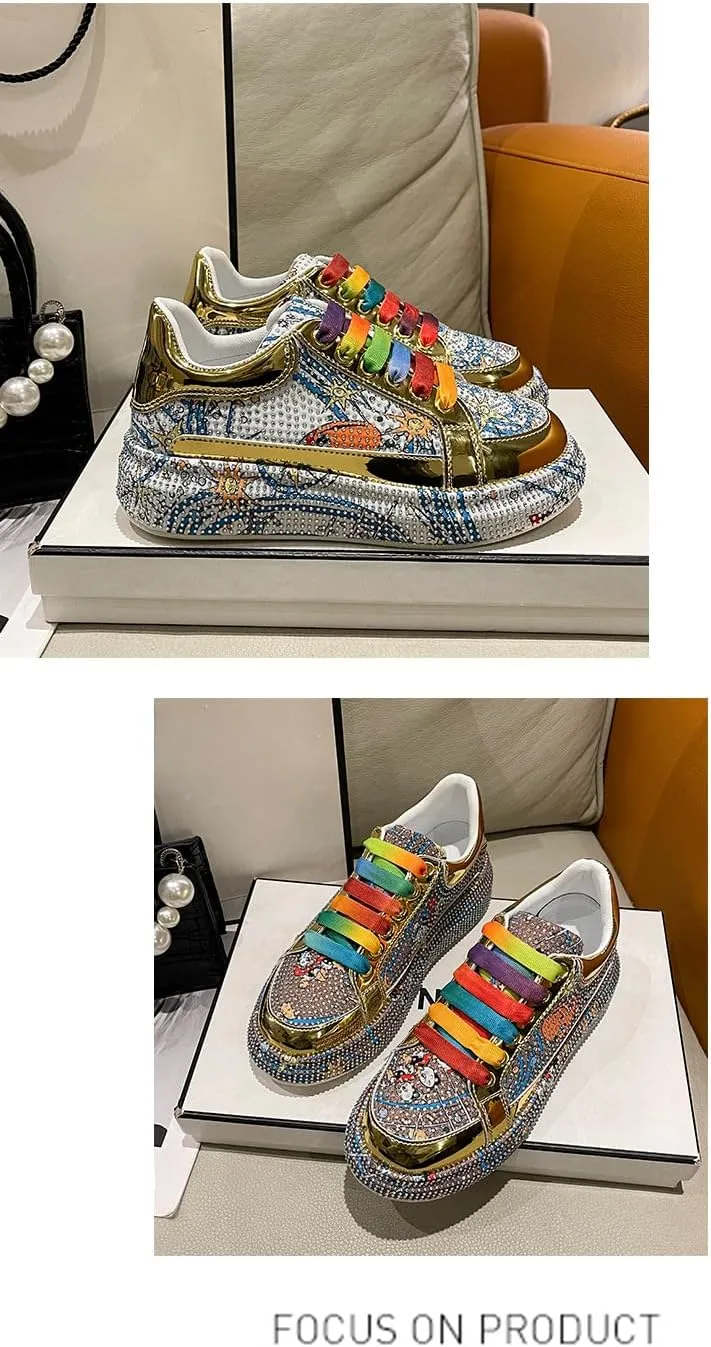 Cute Glitter Shoes with Rhinestone Charms Chunky Platform Breathable Low-Top Sneakers for Women Girls Y2K Kawaii Pretty Pastel Bling Bling Casual Shoes for Streetwear, Travel, Sports, Back to School