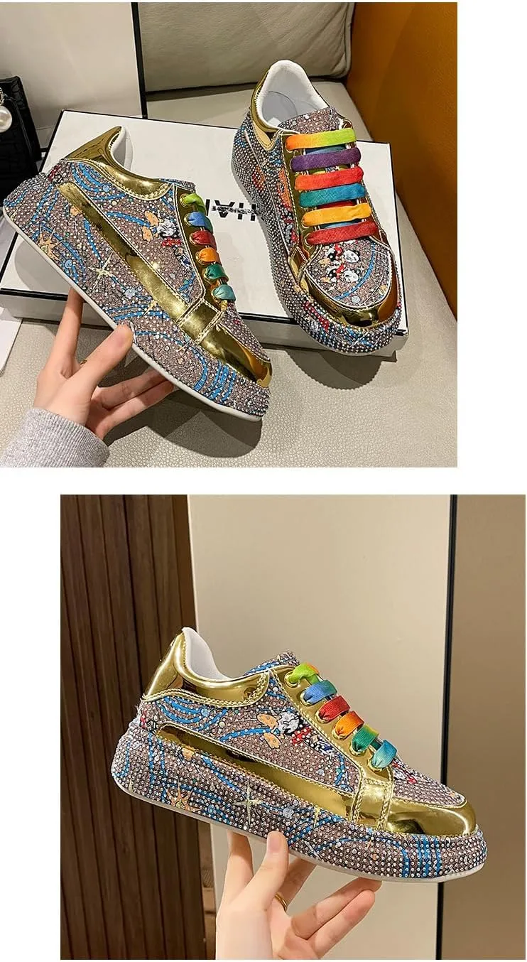 Cute Glitter Shoes with Rhinestone Charms Chunky Platform Breathable Low-Top Sneakers for Women Girls Y2K Kawaii Pretty Pastel Bling Bling Casual Shoes for Streetwear, Travel, Sports, Back to School