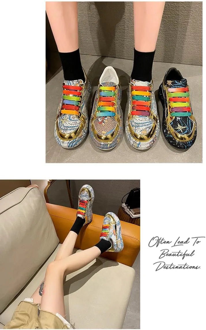 Cute Glitter Shoes with Rhinestone Charms Chunky Platform Breathable Low-Top Sneakers for Women Girls Y2K Kawaii Pretty Pastel Bling Bling Casual Shoes for Streetwear, Travel, Sports, Back to School