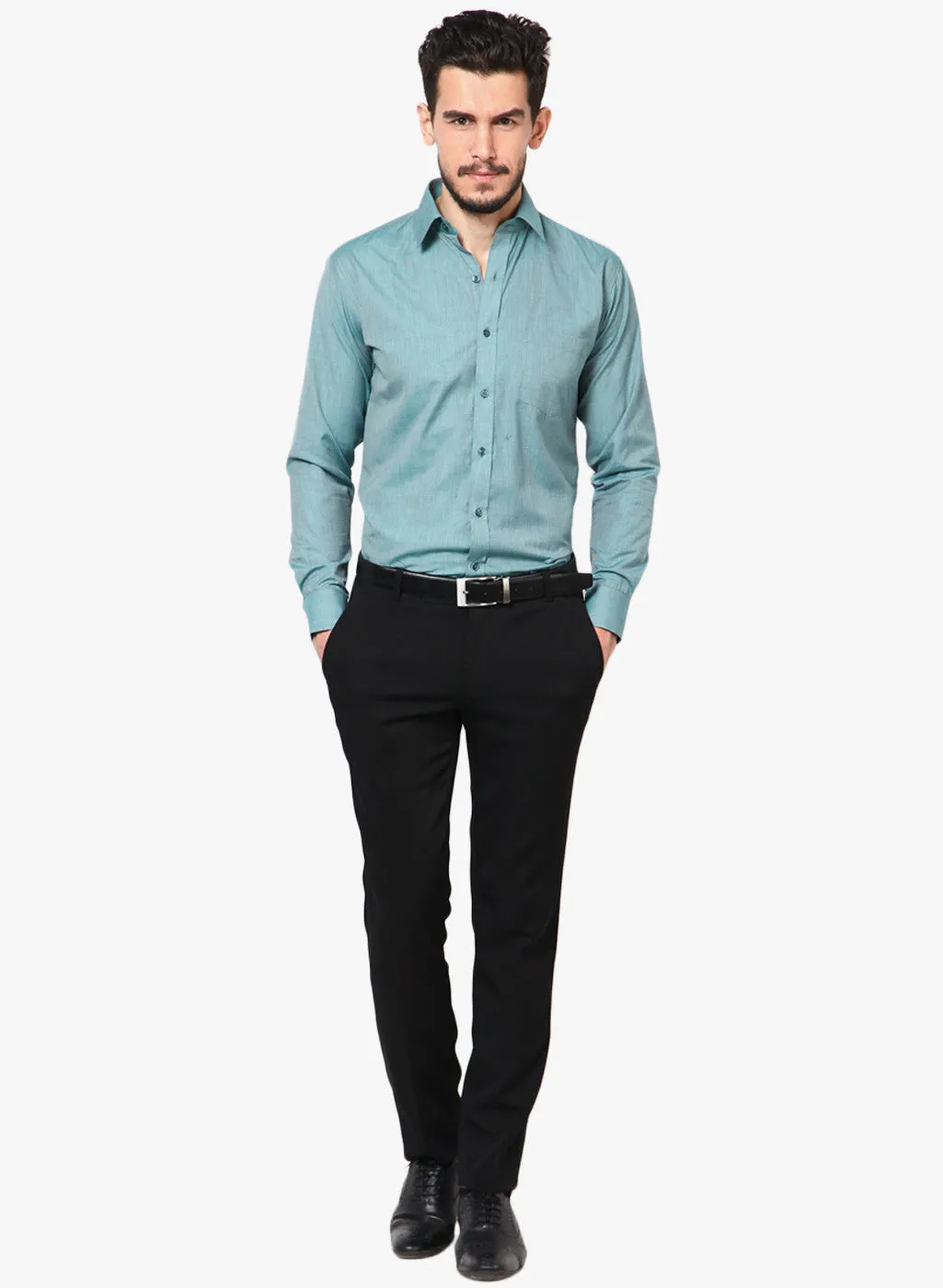 Men Green Slim Fit Solid Chambray Cotton Rich Formal Shirt