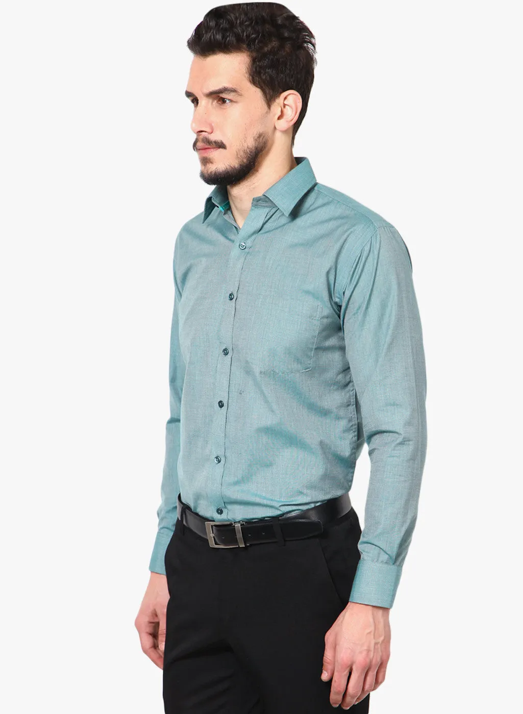 Men Green Slim Fit Solid Chambray Cotton Rich Formal Shirt