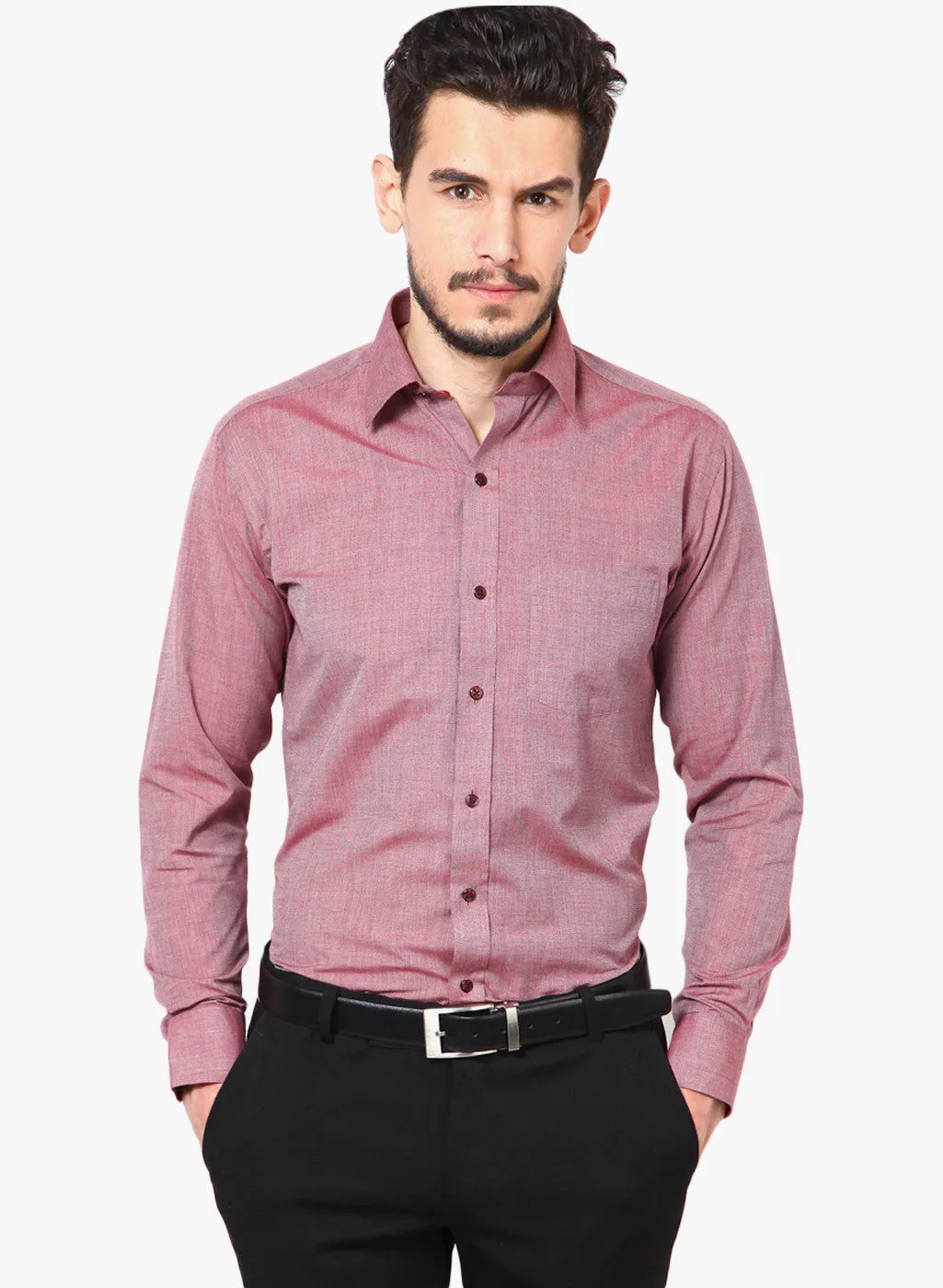 Men Red Slim Fit Solid Chambray Cotton Rich Formal Shirt