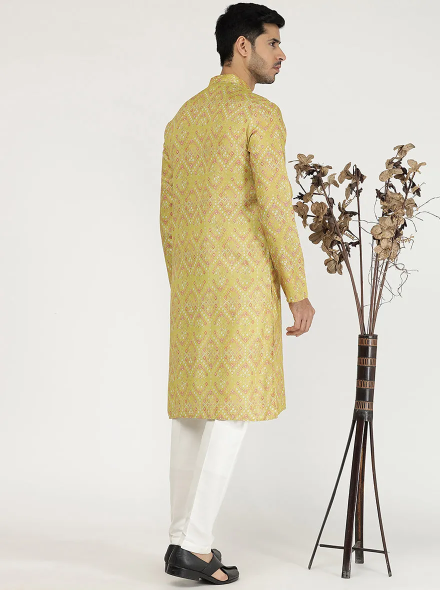 Mustard Yellow Printed Silk Blend Kurta | The Kurta Company
