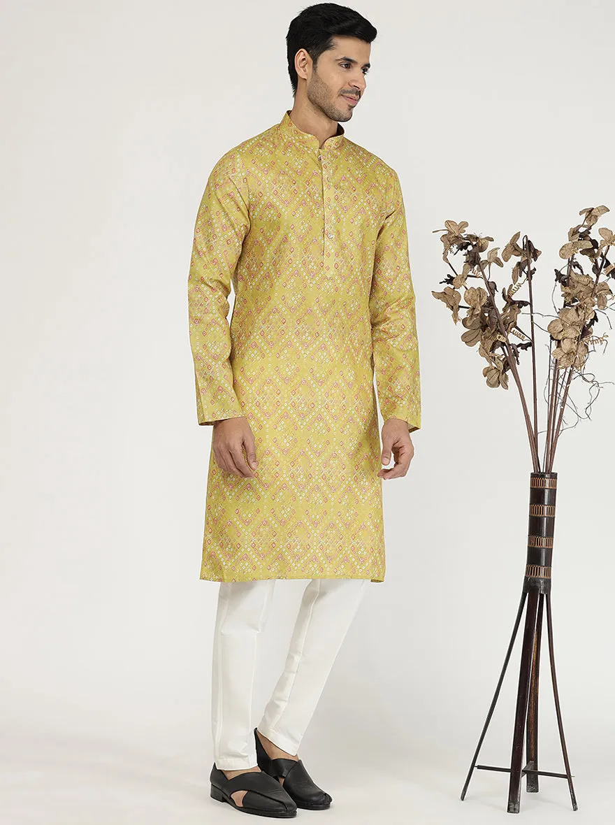 Mustard Yellow Printed Silk Blend Kurta | The Kurta Company