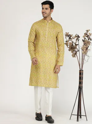 Mustard Yellow Printed Silk Blend Kurta | The Kurta Company