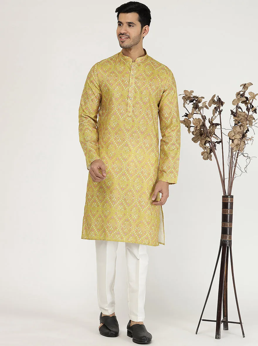 Mustard Yellow Printed Silk Blend Kurta | The Kurta Company