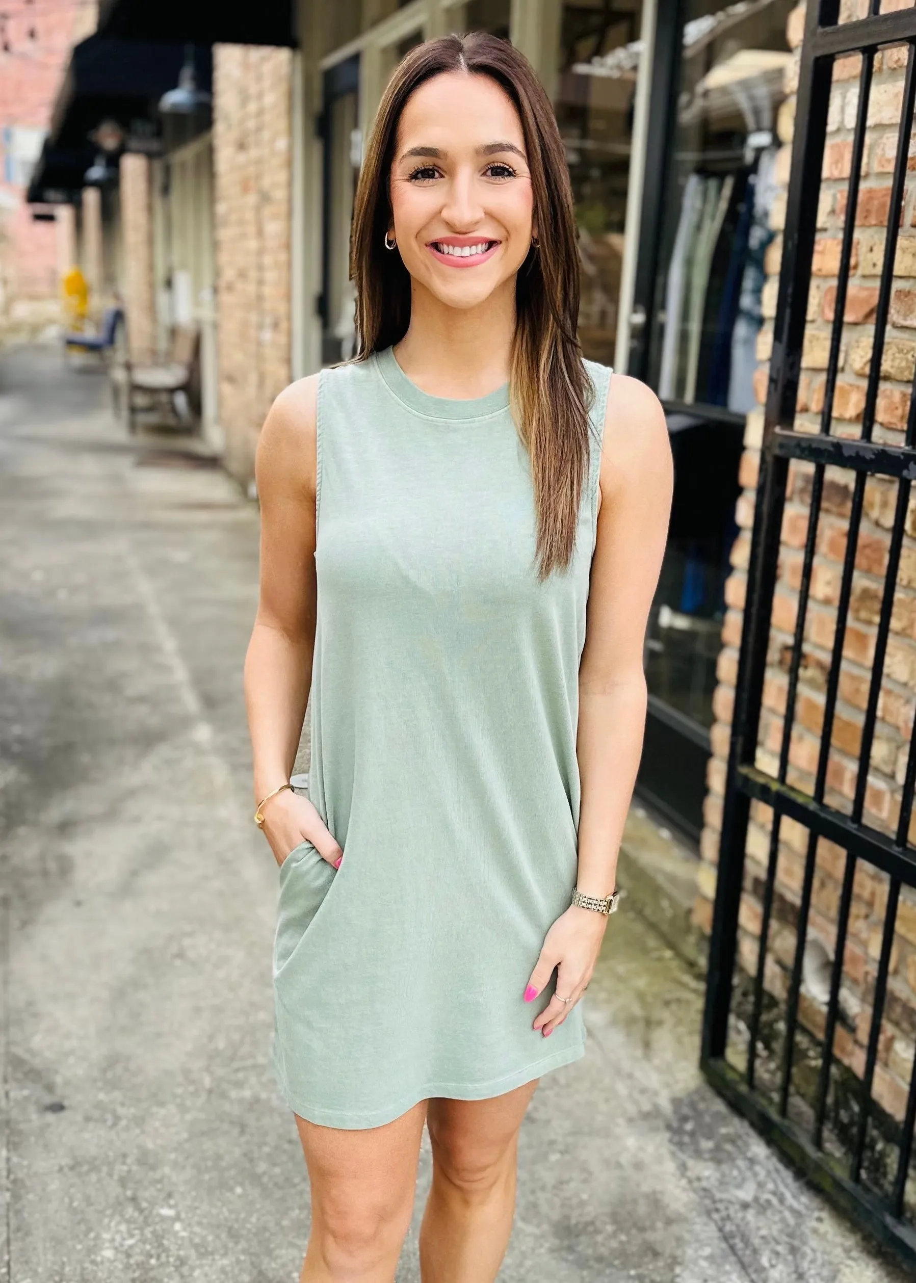 Peter Sleeveless Pocket Dress- Sage Green