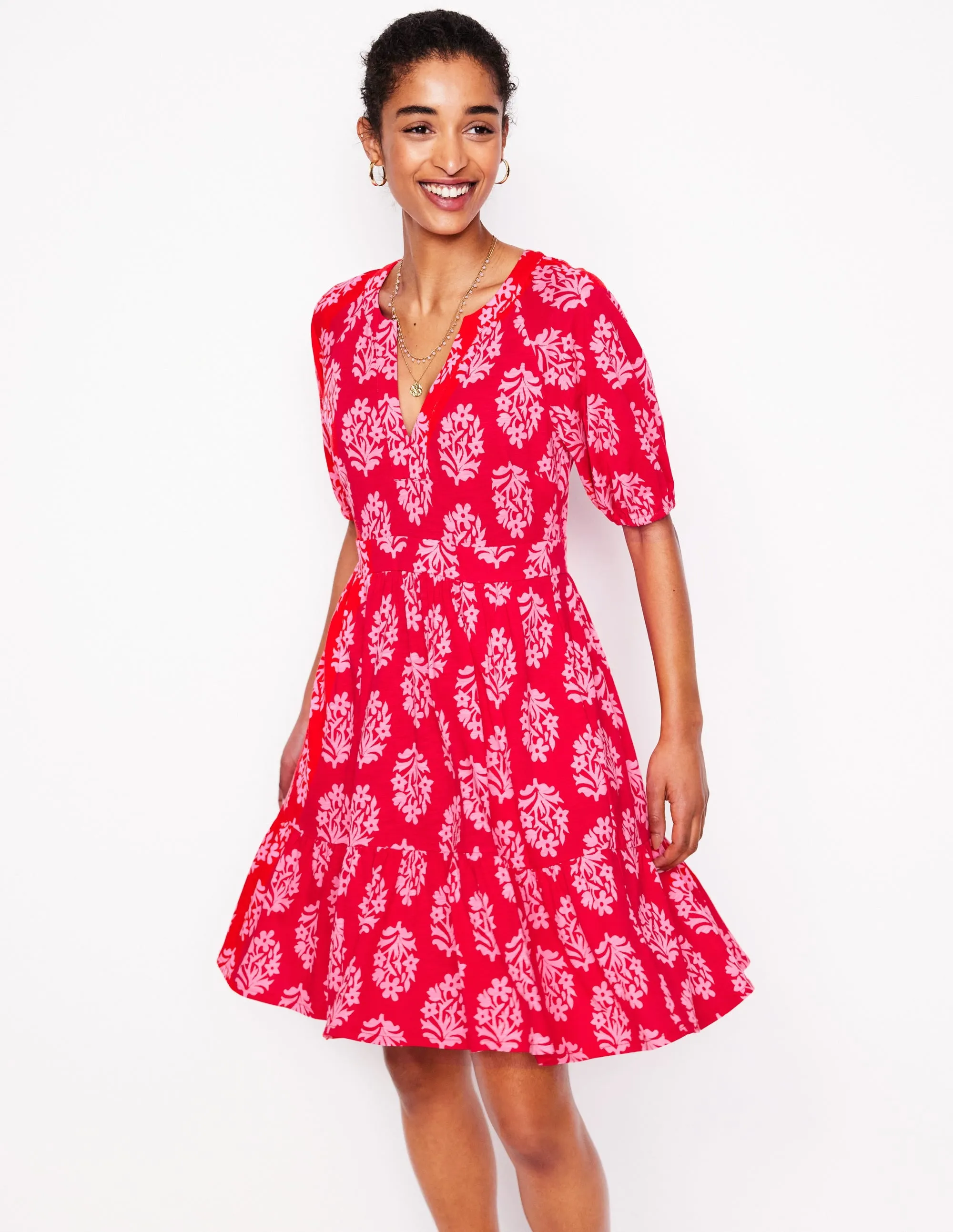 Piper Short Jersey Dress-Poppy Red, Posy Stamp