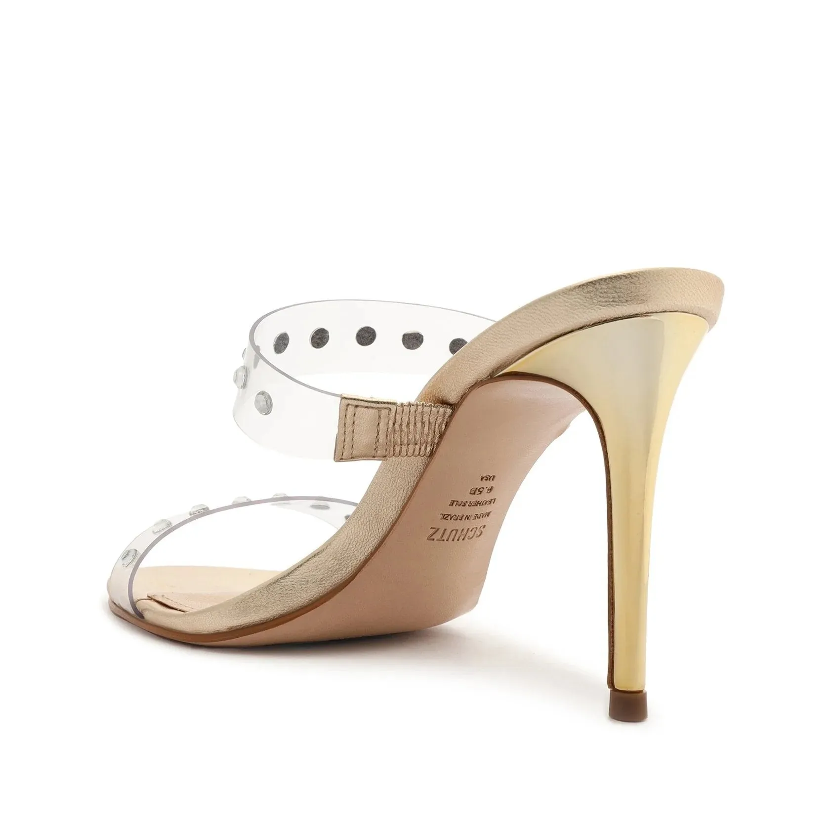 Schutz Crystal Mule Metallic Clear Strap Slip On Open Toe Heel Sandals