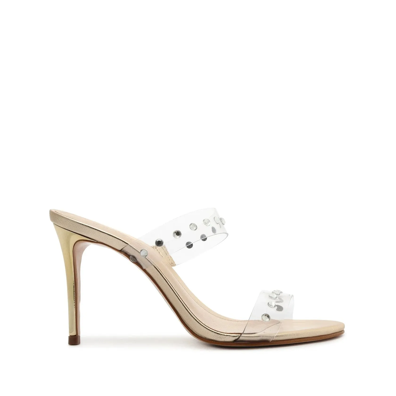 Schutz Crystal Mule Metallic Clear Strap Slip On Open Toe Heel Sandals