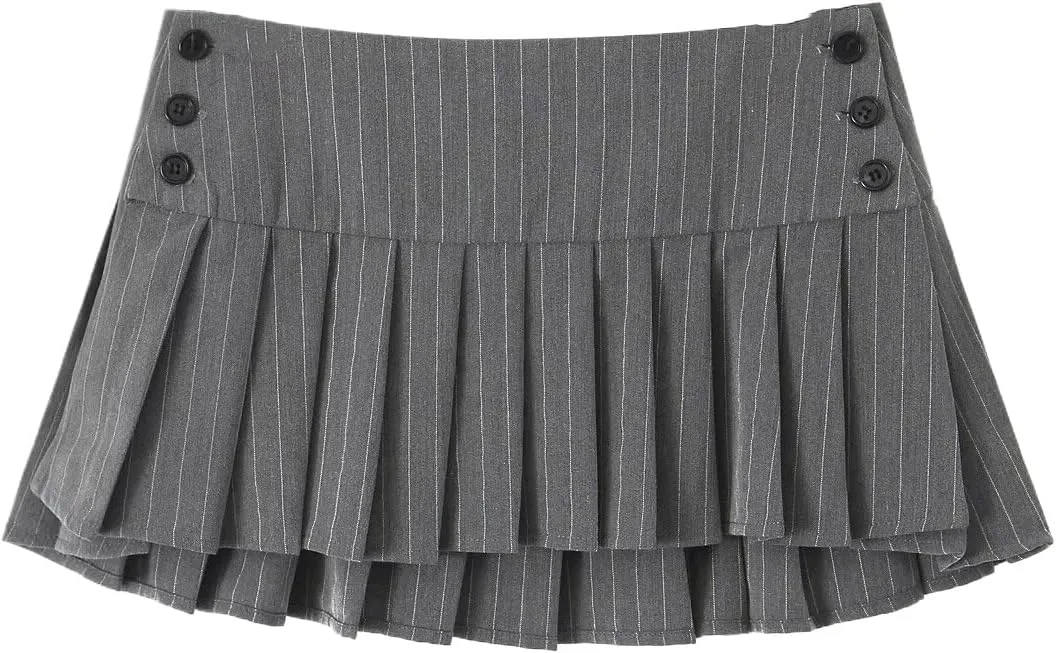 Summer Lady Casual Fashion Pinstripe Pleated Mini Skirt Women Sexy Low Waist Short Skater Skirts Female