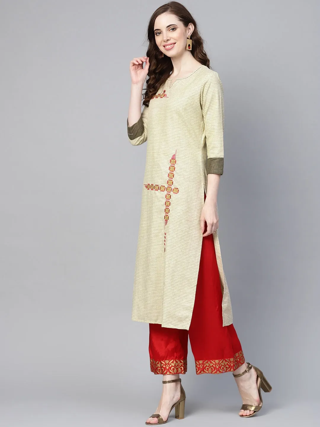 Women Beige & Black Straight Kurta