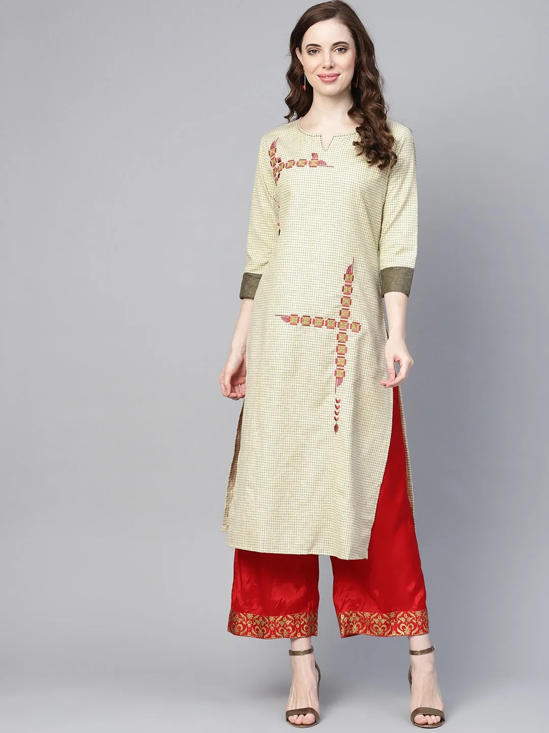Women Beige & Black Straight Kurta