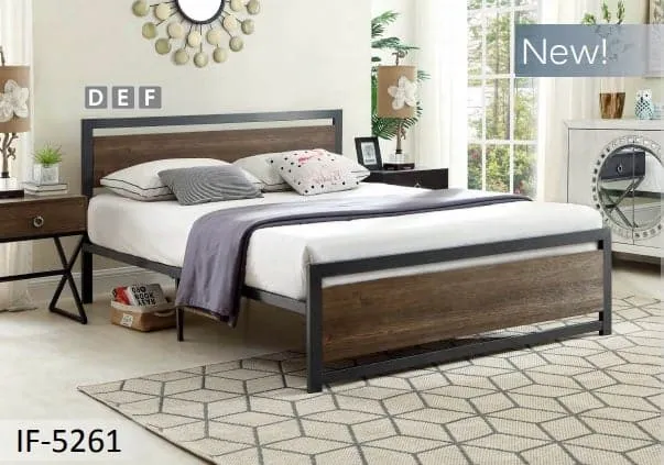 Wood Panel Bed With a Grey Steel Frame Headboard